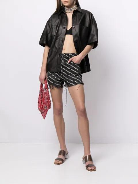 ALEXANDER WANG Omens Grey Aged White Logo-print Bite Denim Shorts In Black