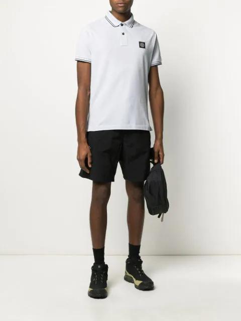 STONE ISLAND Contrasting Trim Logo Patch Cotton Blend Polo Shirt In White