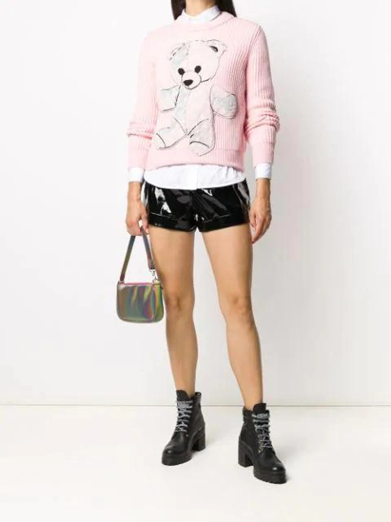 Farfetch's Post | Wearing: All Blues Almost Polished Sterling Silver Ring In White; Philipp Plein Teddy Bear Crew Neck Jumper In Pink; Frame Pleated Oversized Cotton Shirt In White