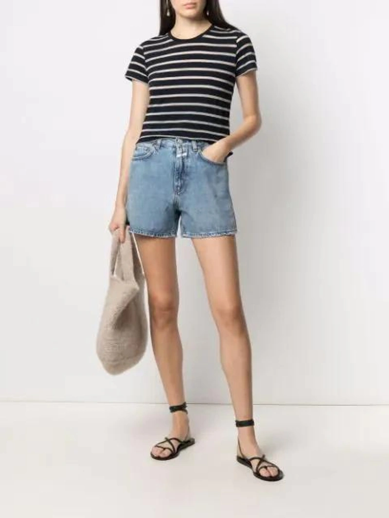 Farfetch's Post | Wearing: Majestic Linen Blend Striped T-shirt In Blue; Closed High-waist Denim Shorts In Blue; Lauren Manoogian Neutral Large Wool Tote Bag In Neutrals