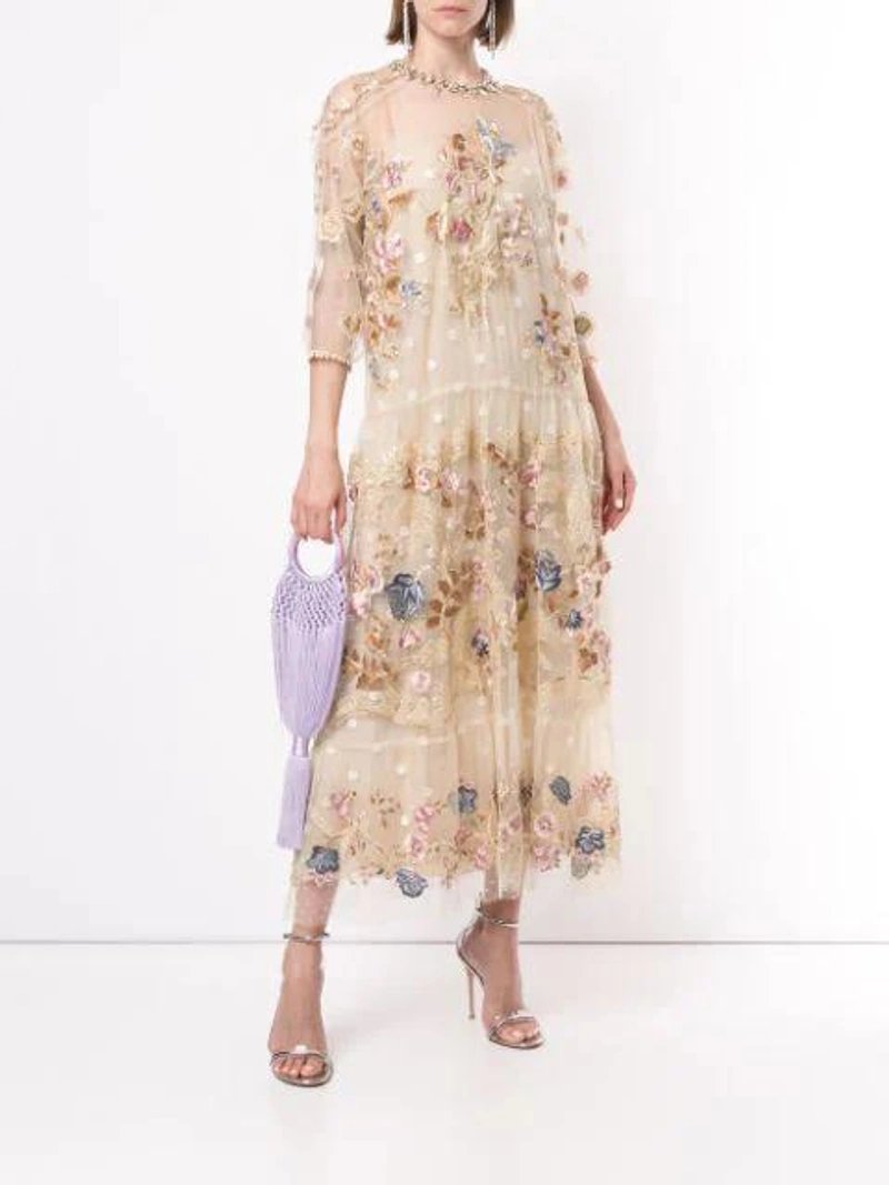 Farfetch's Post | Wearing: Biyan Floral-embroidered Tulle Dress In Neutrals; Cult Gaia Angelou Mini Bracelet Bag In Purple; Miu Miu Two-tone Embellished Drop Earrings In Gold