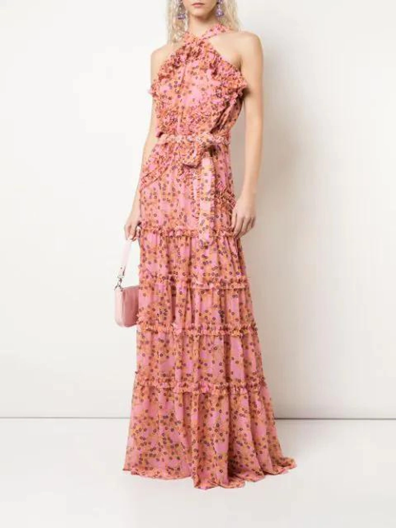 Farfetch's Post | Wearing: Alexis Genevra Ruffled Printed Georgette Maxi Dress In Pink; Stella Mccartney Women's 364519w91326553 Pink Polyester Shoulder Bag; Aquazzura 105mm Minute Leather Sandals In Black