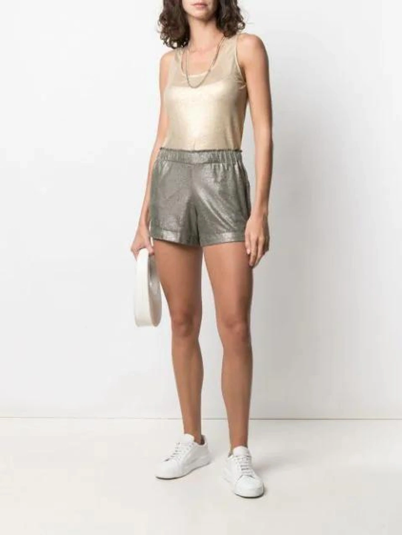 Farfetch's Post | Wearing: Saint Laurent New Wave Sl 276 Sunglasses In Black; Majestic Metallic Paperbag-waist Linen-blend Shorts In Green; Majestic Round-neck Tank Top In Gold