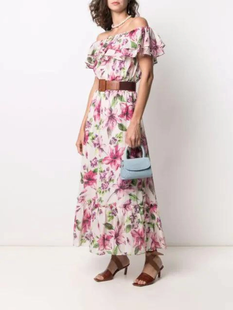 Farfetch's Post | Wearing: Liu •jo Floral-print Cotton Dress In Pink; By Far Mini Crocodile-effect Leather Bag In Blue; Anton Heunis Metallic Gold Shell Crystal Charm Embellished Hoop Earrings