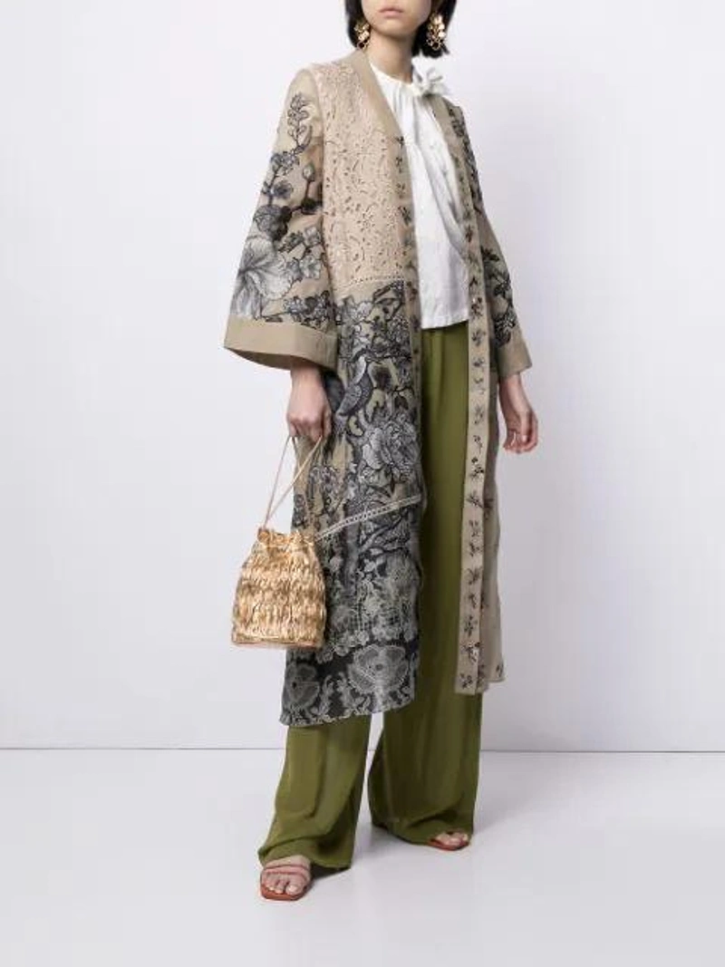 Farfetch's Post | Wearing: Biyan Lace-panelled Floral Print Coat In Brown; Chloé Pleated Silk-georgette Wide-leg Pants In Gold; Shushu-tong Shushu/tong Off-white Floral Round Sleeve Blouse In Wh100 White