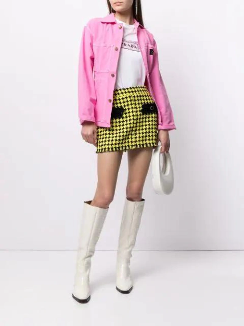 Farfetch's Post | Wearing: Cool Tm Houndstooth Bouclé Mini Skirt In Yellow; Prada Ticket Stamp Logo Print T-shirt In White; The Marc Jacobs Women's S.ray X Tailored Workwear Cotton Jacket In Pink