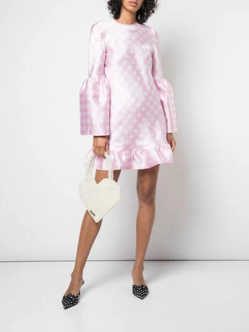 Farfetch's Post | Wearing: Cynthia Rowley Jane Gingham Dress In Pink; Loeffler Randall Heart Shape Tote Bag In Pearl