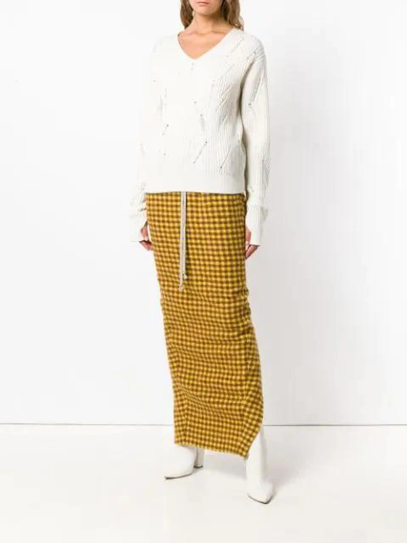 Farfetch's Post | Wearing: Rick Owens Gingham Check Pencil Skirt In Yellow; Helmut Lang Distressed Ribbed Jumper - Neutrals; Laurence Dacade White Maia 100 Leather Ankle Boots