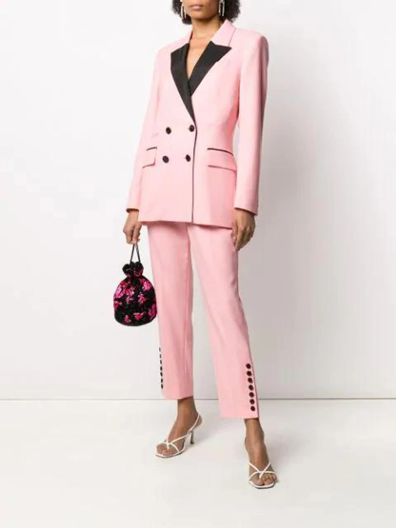 Farfetch's Post | Wearing: Racil Felix Fitted Double Breasted Tuxedo Jacket In Pink; Racil Straight-leg Tailored Trousers In Pink; Anton Heunis 18kt Vergoldete Ohrringe Mit Perlen In Gold
