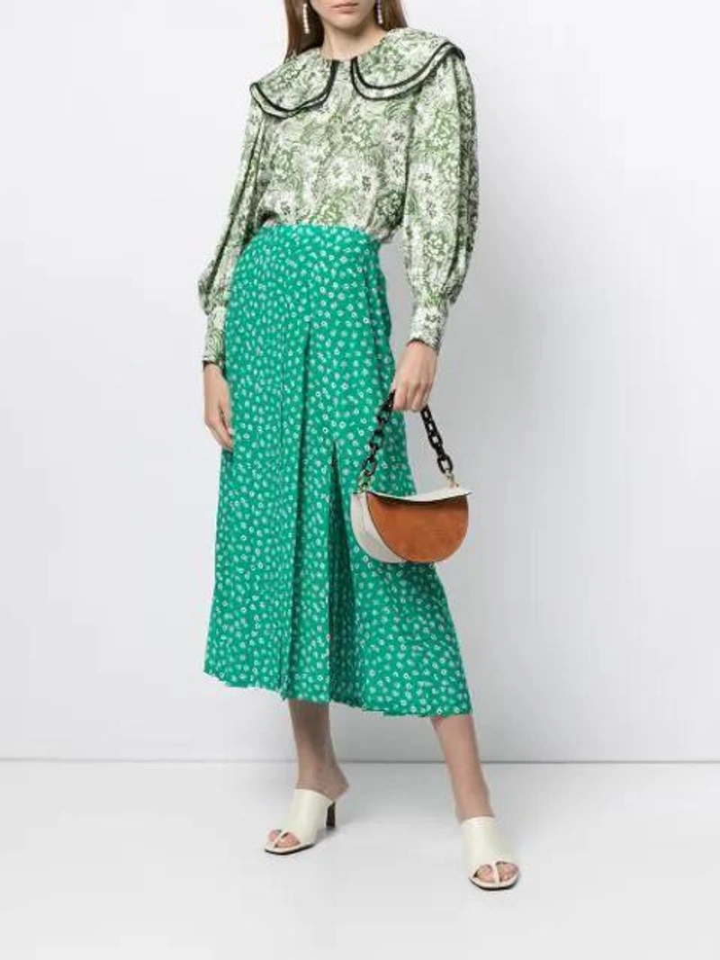 Farfetch's Post | Wearing: Rixo London Claire Floral-print Pleated Midi Skirt In Green; Shrimps Amelia Rounded Collar Blouse In Green; Yuzefi Doris Two-tone Suede And Textured-leather Shoulder Bag In Brown