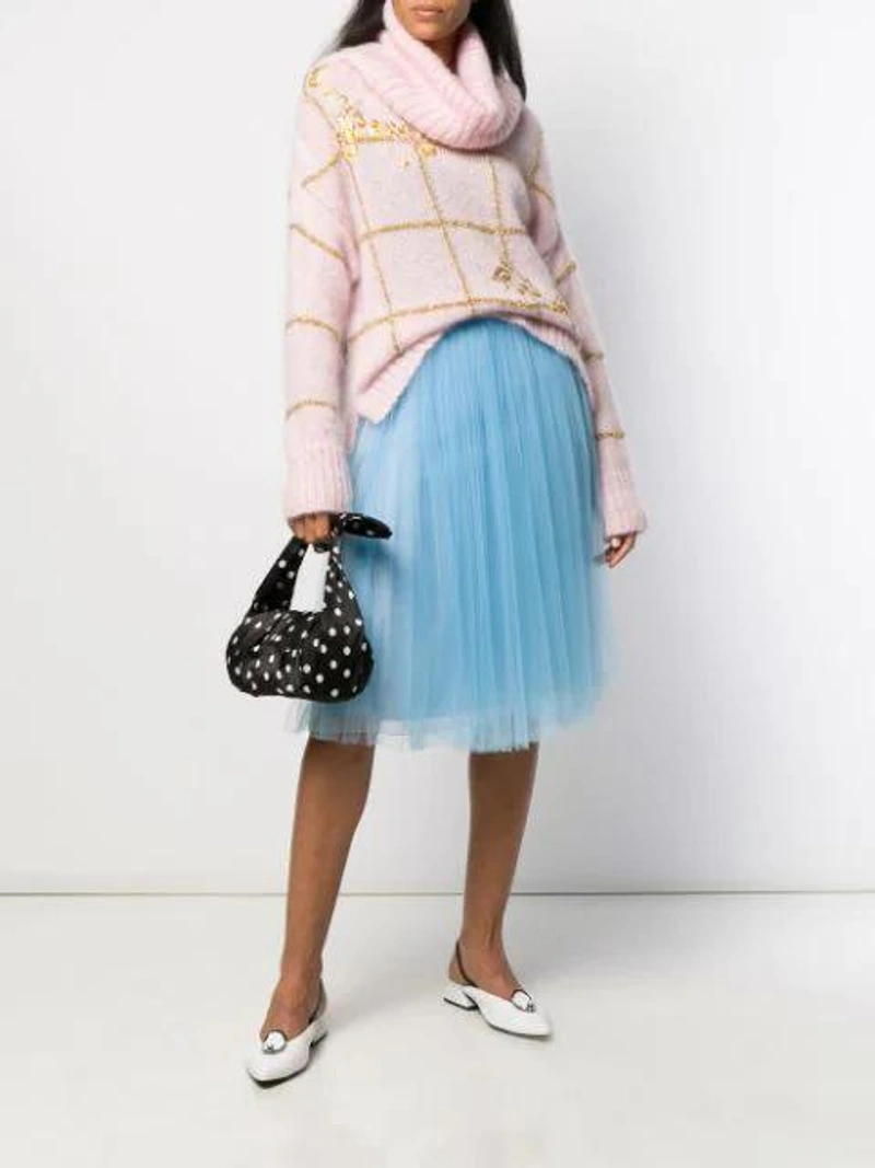 Farfetch's Post | Wearing: Delpozo Tulle Midi Skirt In Blue; Delpozo Metallic Check Jumper In Pink; Rejina Pyo Black And White Nane Polka Dot Satin Clutch