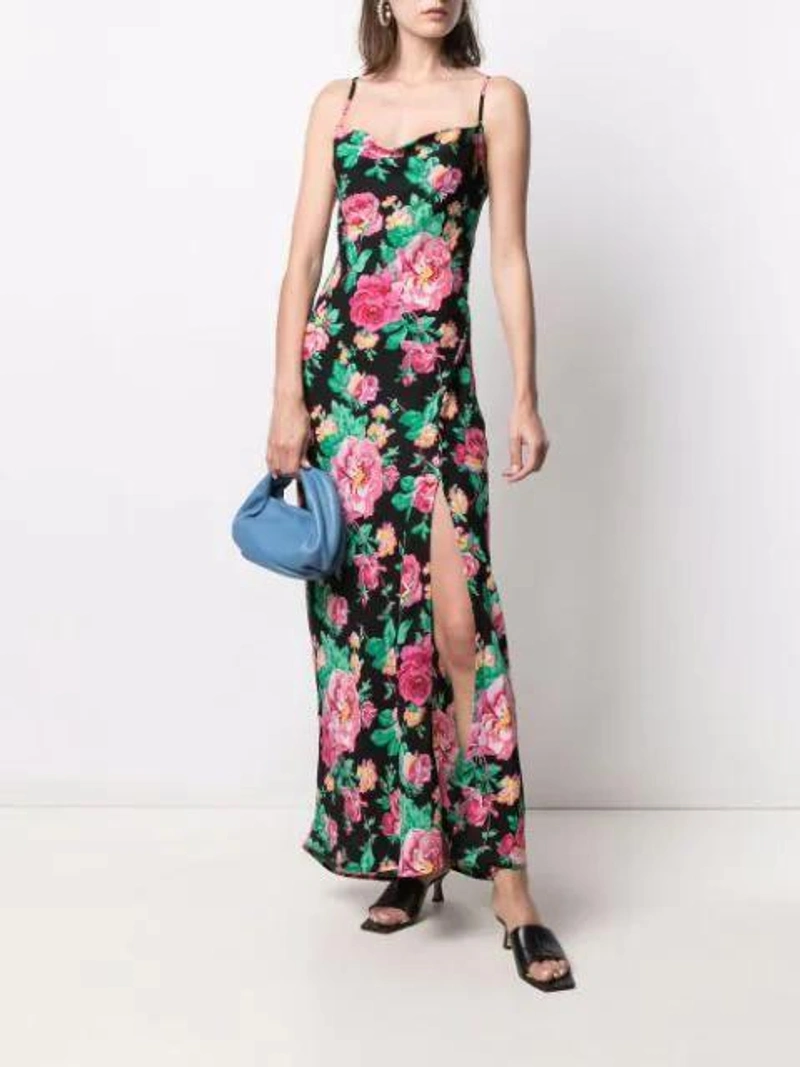 Farfetch's Post | Wearing: For Love & Lemons Floral Maxi Dress In Black; Danse Lente Lola Leather Mini Hobo Bag In Blue; Joanna Laura Constantine Gold-plated Feminine Waves Drop Earrings