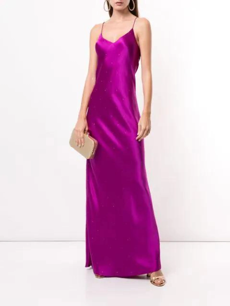 Farfetch's Post | Wearing: Michelle Mason Rhinestone-embellished Strappy Gown In Purple; Whiting And Davis Hollywood Chainmail Clutch In Gold; Rosantica Clip-on Loop Drop Earrings In Gold
