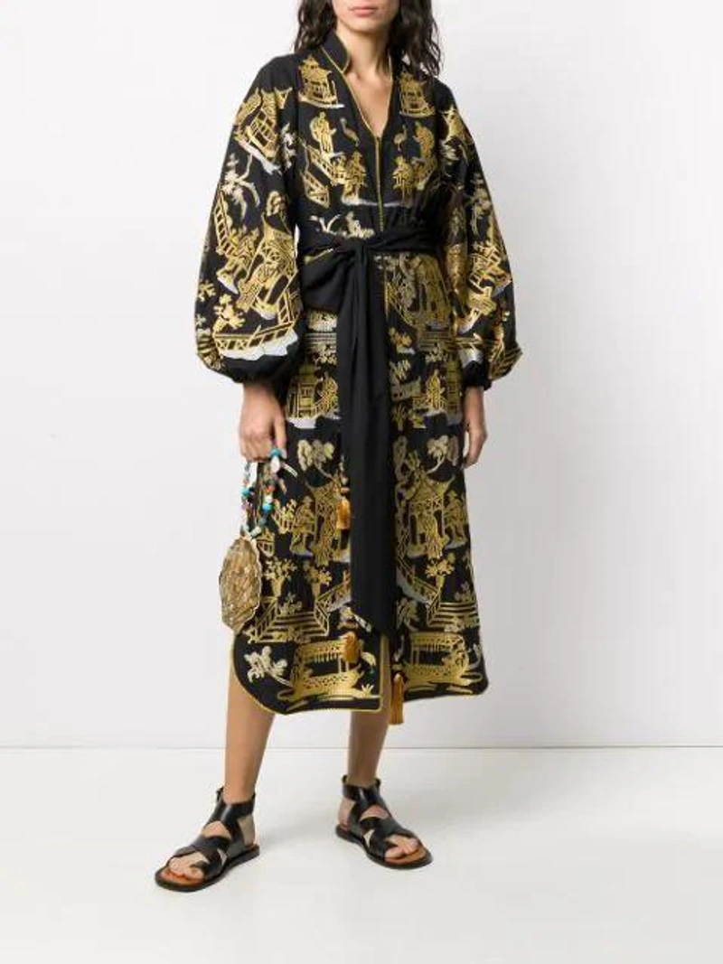 Farfetch's Post | Wearing: Yuliya Magdych Chinoiserie Kimono Dress In Black; Rixo London Sacha Sequin-embellished Shell Bracelet Bag In Gold; Joseph Strappy Buckled Sandals In Black
