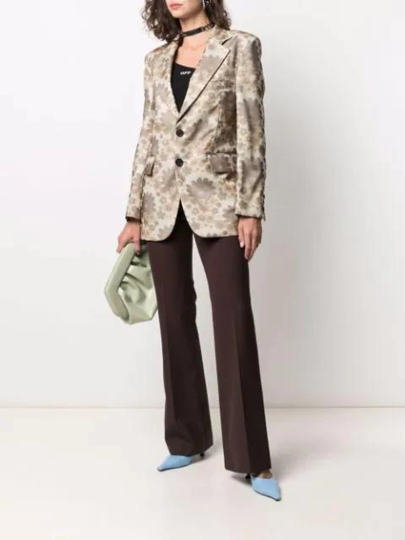 Farfetch's Post | Wearing: Kwaidan Editions Floral-print Single-breasted Blazer In Neutrals; Joseph High-waisted Flared Tailored Trousers In Brown; Charlotte Chesnais Slide Medium Single Earring In Silver