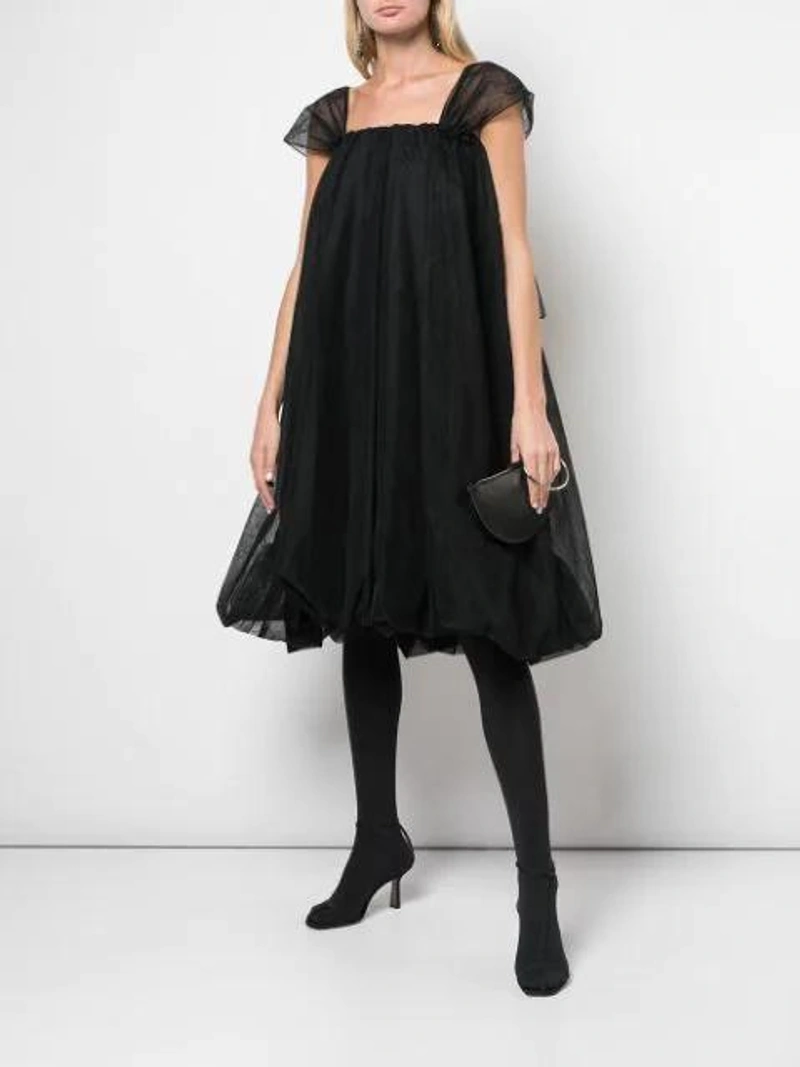 Farfetch's Post | Wearing: Simone Rocha Tulle Babydoll Dress In Black; Simone Rocha Floral Teardrop Earrings In Grey