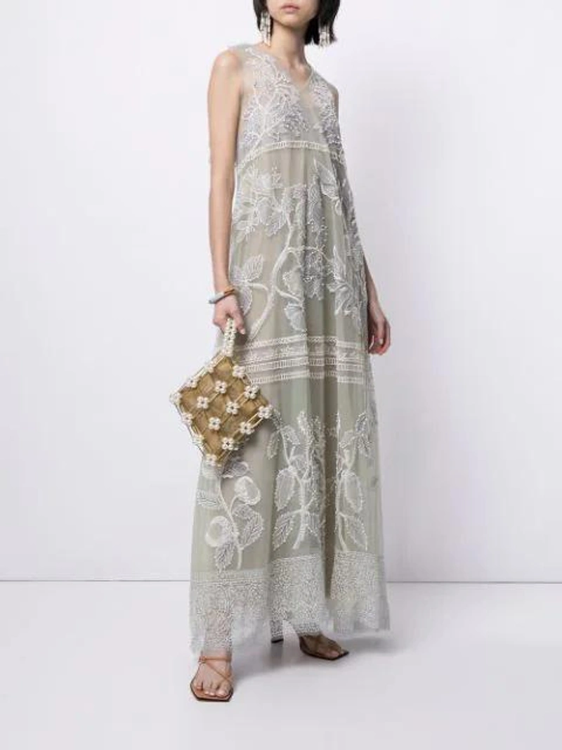 Farfetch's Post | Wearing: Biyan Lace-embroidered Long Dress In Green; Vanina Metallic Camelia Pearl Embellished Bracelet Bag In Neutrals; Joanna Laura Constantine Gold-tone Freshwater Pearl Earrings