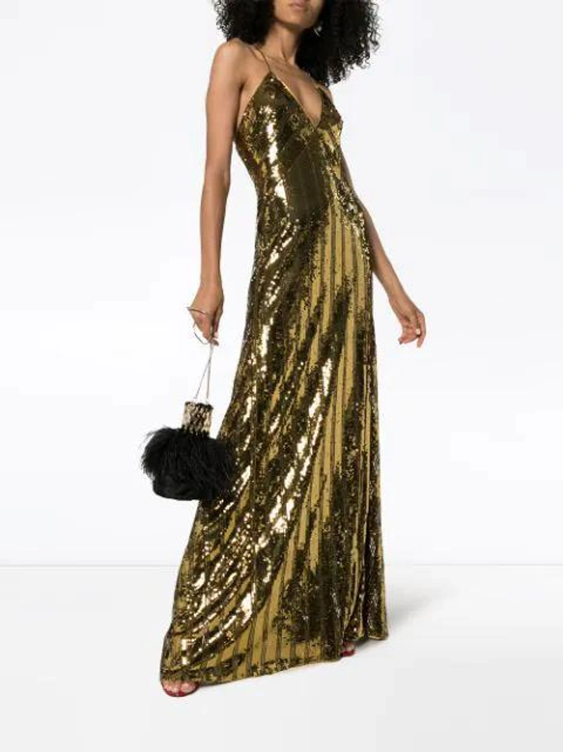 Farfetch's Post | Wearing: Galvan Sequin-embellished Long Dress In Gold; Rosantica Aramis Feather Bag In Black; Chloé Chloe Gold Darcey Baroque Single Earring