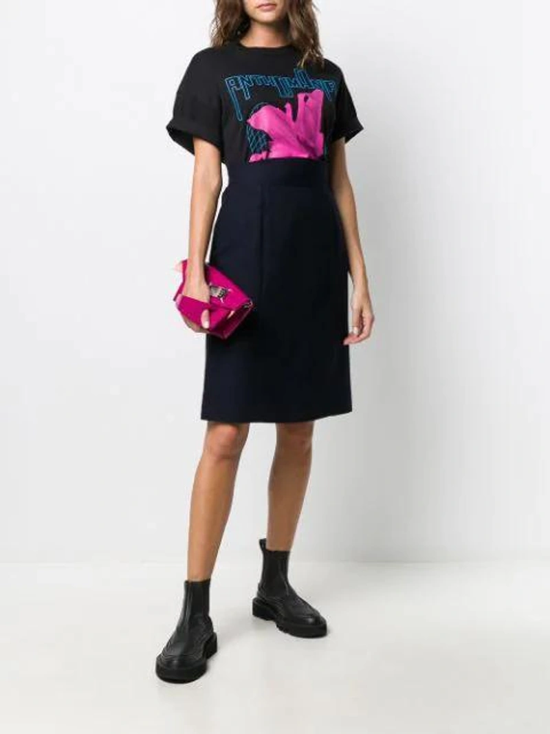 Farfetch's Post | Wearing: Pre-owned Chanel 1980s Straight-fit Skirt In Blue; Mcq By Alexander Mcqueen Mcq Alexander Mcqueen Graphic Print T-shirt - Black; By Far Billy Shoulder Bag In Pink