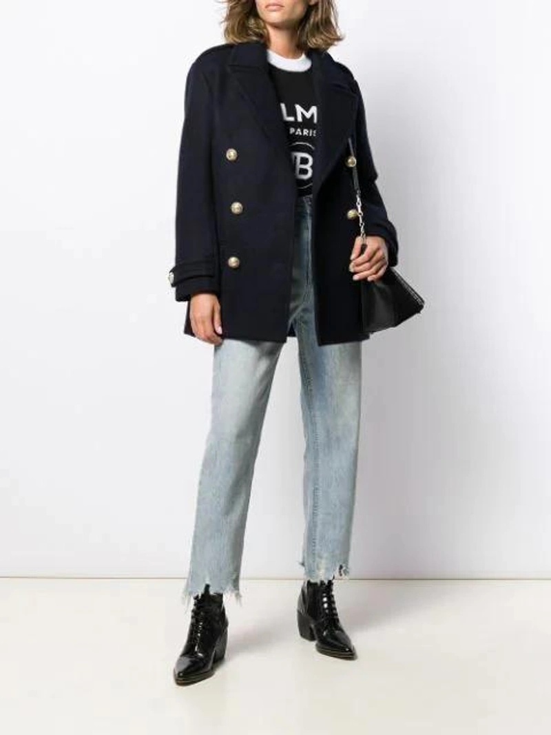 Farfetch's Post | Wearing: Balmain Double Breasted Coat In Blue; Balmain Logo Wool And Cashmere Sweater In Black; Ksubi Straight-leg Cropped Jeans In Blue