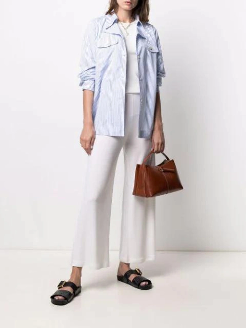 Farfetch's Post | Wearing: Allude Wide-leg Trousers In White; Goldsign Ribbed Crew Neck T-shirt In White; Wandler Brown Ava Lizard Effect Mini Leather Tote Bag