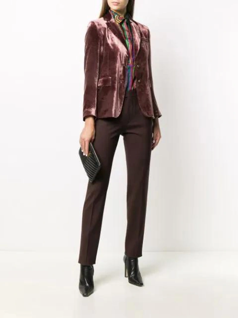 Farfetch's Post | Wearing: Etro Slim-fit Tailored Trousers In Brown; Etro Single-breasted Velvet Blazer In Red; Etro Print Mix Long-sleeve Shirt In Red
