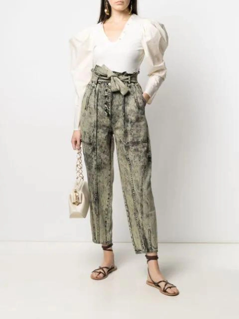 Farfetch's Post | Wearing: Ancient Greek Sandals Brown Morfi Leather Sandals; Ulla Johnson Acid-wash Cropped Jeans In Green; Ulla Johnson U-neck Puff-sleeve Blouse In White