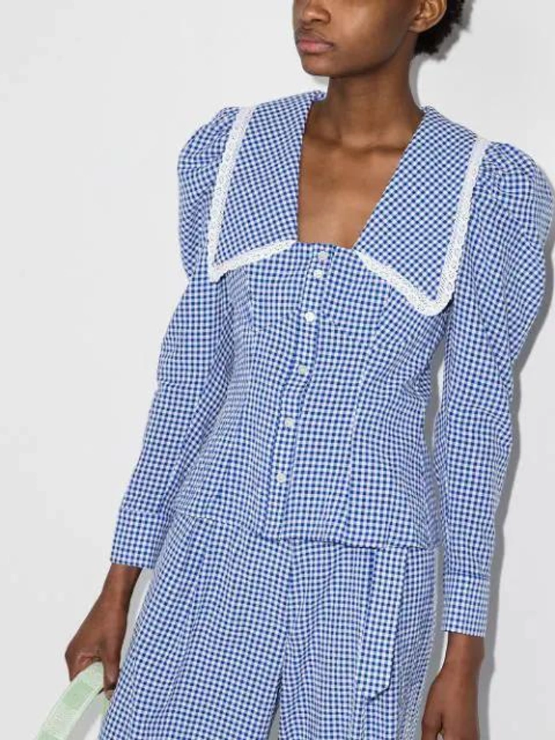 Farfetch's Post | Wearing: Shrimps Elliot Lace-trimmed Gingham Cotton-blend Blouse In Blue; Shrimps Gingham Check Flared Trousers In Blau; Staud Beaded Gingham Check Shoulder Bag In Green-lt