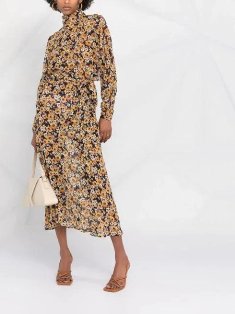 Farfetch's Post | Wearing: Saint Laurent Belted Floral-print Silk-chiffon Midi Dress In Yellow; Coperni Mini Bluetooth Tote Bag In Optic White; Maria Black 'row' Ring In Yellow