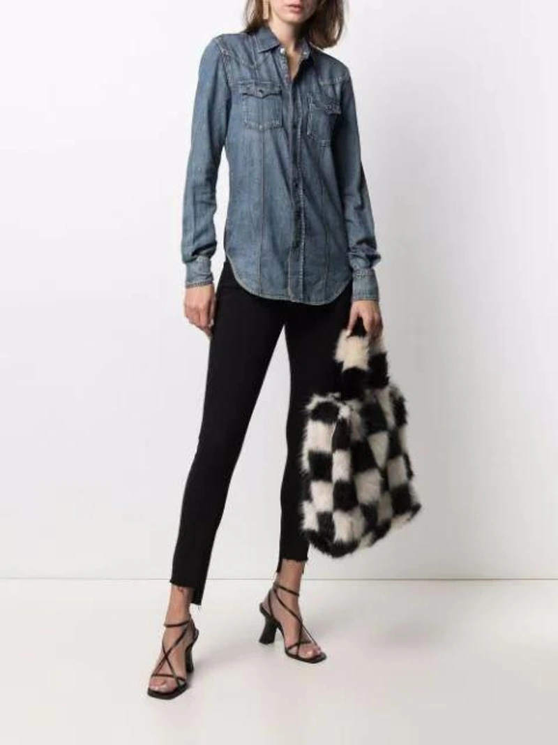 Farfetch's Post | Wearing: Frame Le Skinny De Jeanne Raw Stagger Mid-rise Jeans In Film Noir; Stand Studio Black And White Lolita Checked Faux Fur Tote Bag; Off-white Gold Tone Arrows Pendant Earrings