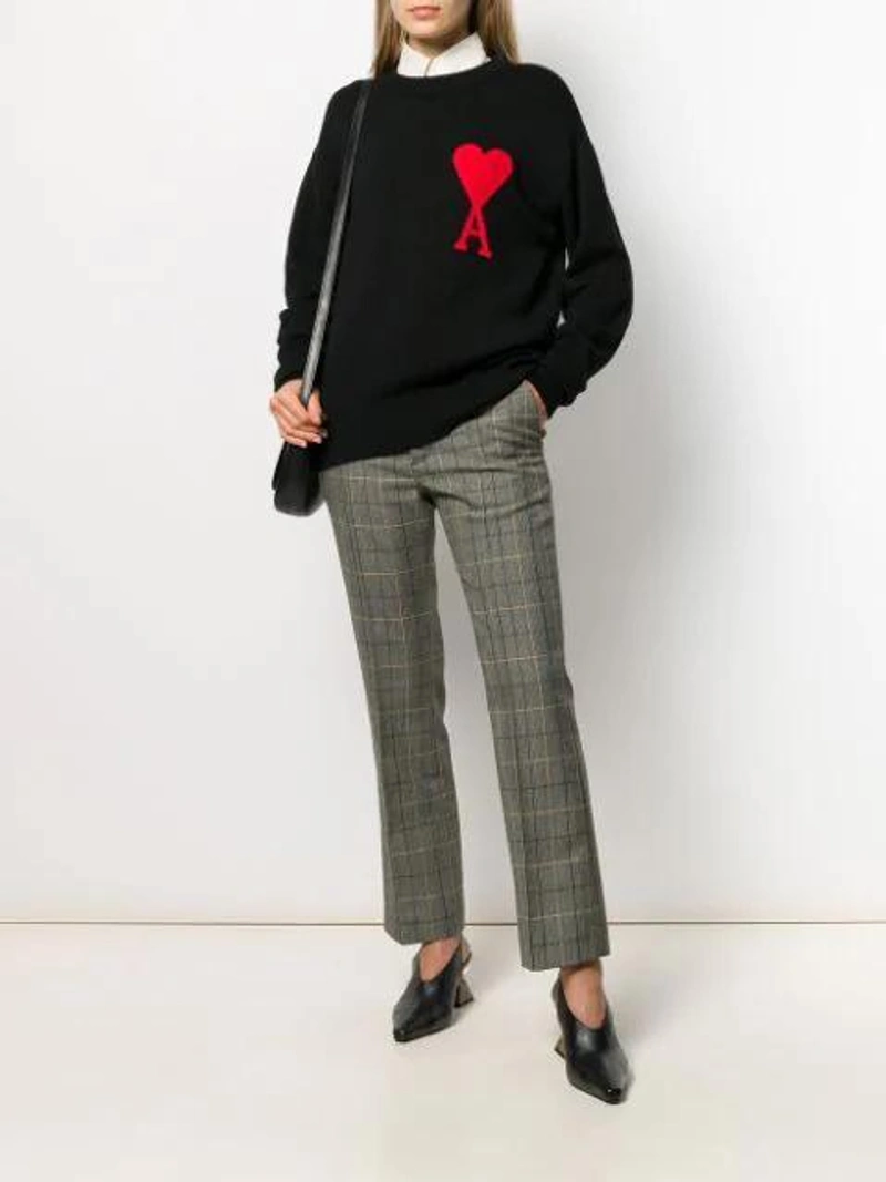 Farfetch's Post | Wearing: Ami Alexandre Mattiussi Crewneck Sweater With Ami De Coeur Logo In 001 Black; Plan C Check Cropped Trousers In Brown; Apc Half-moon Shoulder Bag In Black