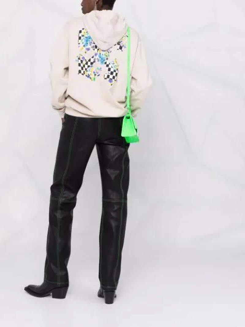 Farfetch's Post | Wearing: Off-white Off White - Hoodie Arrow Flower In Grey; Y/project Black Faux-leather V Trousers In Black,green; Balenciaga Hourglass Xs Top Handle Bag In Green