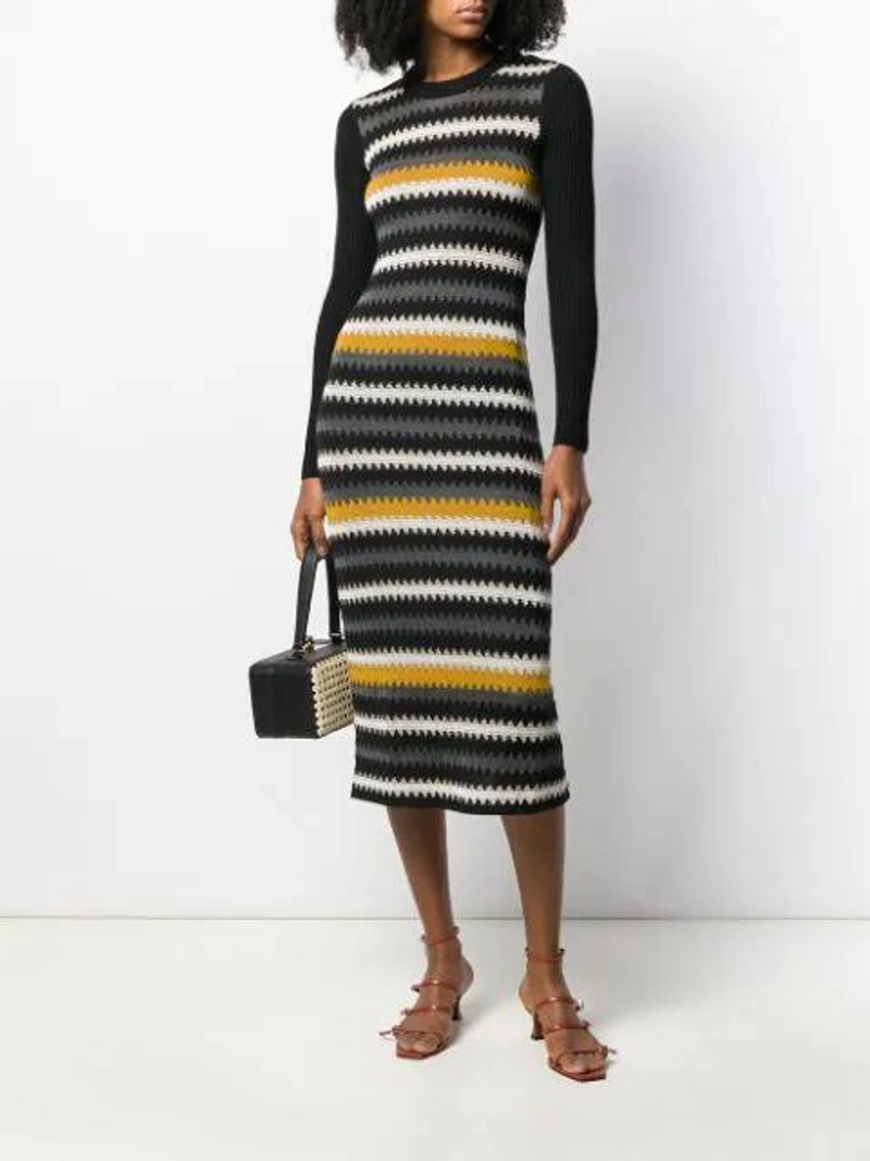 Farfetch's Post | Wearing: M Missoni Zig Zag Knitted Dress In Black; Manu Atelier Naomi Leather Heeled Sandals In Red