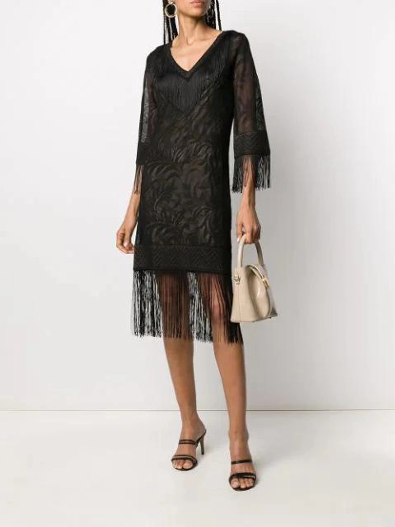 Farfetch's Post | Wearing: Twinset Lace Stitch Fringed Dress In Black; Elleme Small Buck Tote Bag In Neutrals; Kalda Black Simon 85 Strappy Leather Sandals