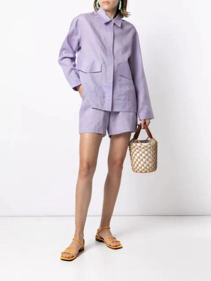 Farfetch's Post | Wearing: Bambah High-waist Linen Shorts In Purple; Bambah Pointed-collar Linen Shirt In Purple
