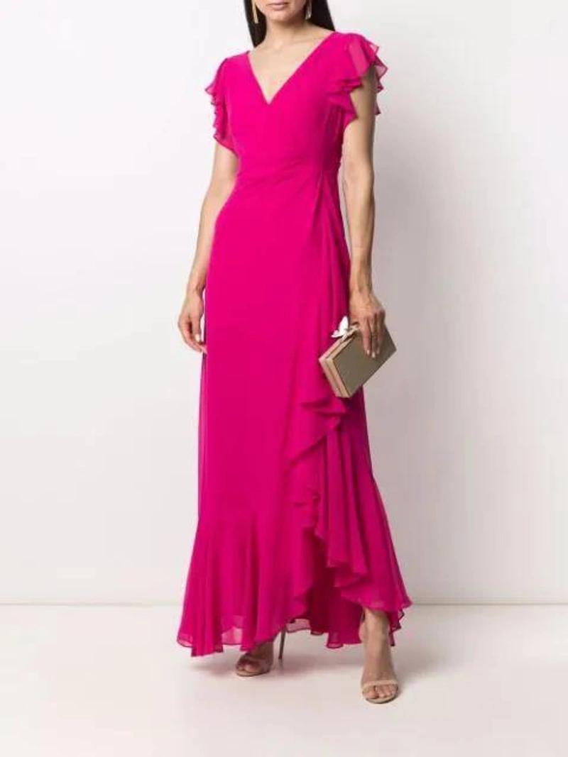 Farfetch's Post | Wearing: Lauren Ralph Lauren Ruffle-trimmed Chiffon Gown In Pink; Sophia Webster Gold Tone Clara Glitter Clutch Bag; Gianvito Rossi Neutral Portofino 115 Leather Sandals In Rosa