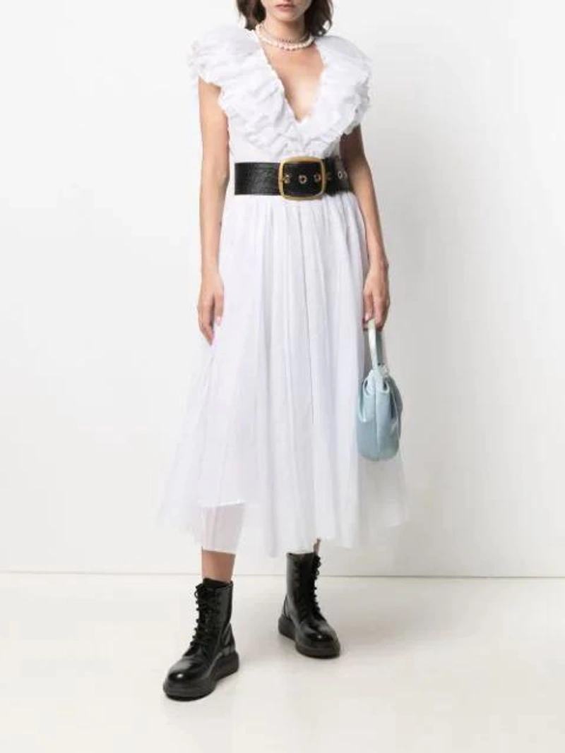 Farfetch's Post | Wearing: Philosophy Di Lorenzo Serafini Philosophy V-neck Flared Dress In White; Xu Zhi Patchwork Lace Camisole In Black; Vanina Inflorescence The Pearl Comino Top Handle Bag In Neutrals