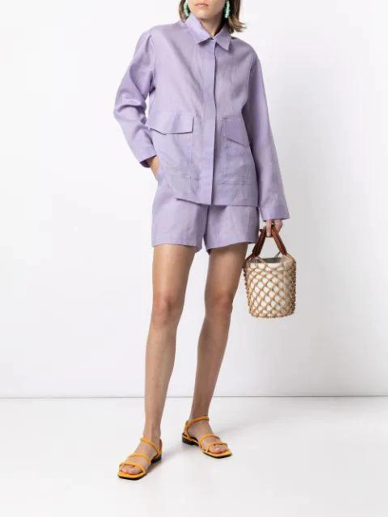 Farfetch's Post | Wearing: Bambah Pointed-collar Linen Shirt In Purple; Bambah High-waist Linen Shorts In Purple; Staud White And Brown Moreau Macrame And Leather Bucket Bag