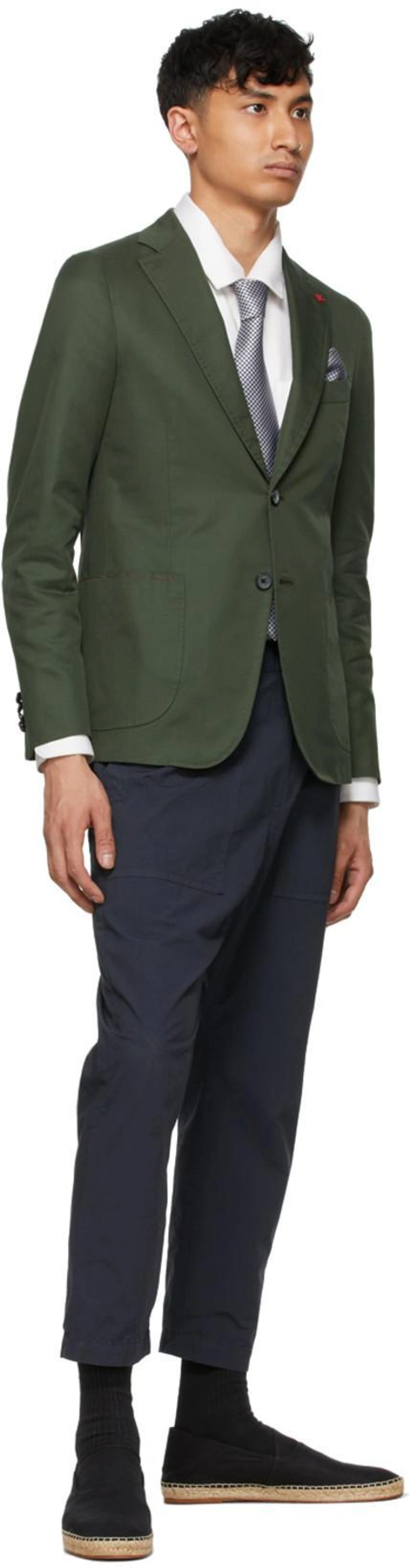 SSENSE's Post | Wearing: Isaia Green Capri Blazer In 570 Green; Barena Venezia Black Trabaco Pavion Trousers In 185 Notte; Z Zegna White Cotton & Silk Shirt In 905111 Whit