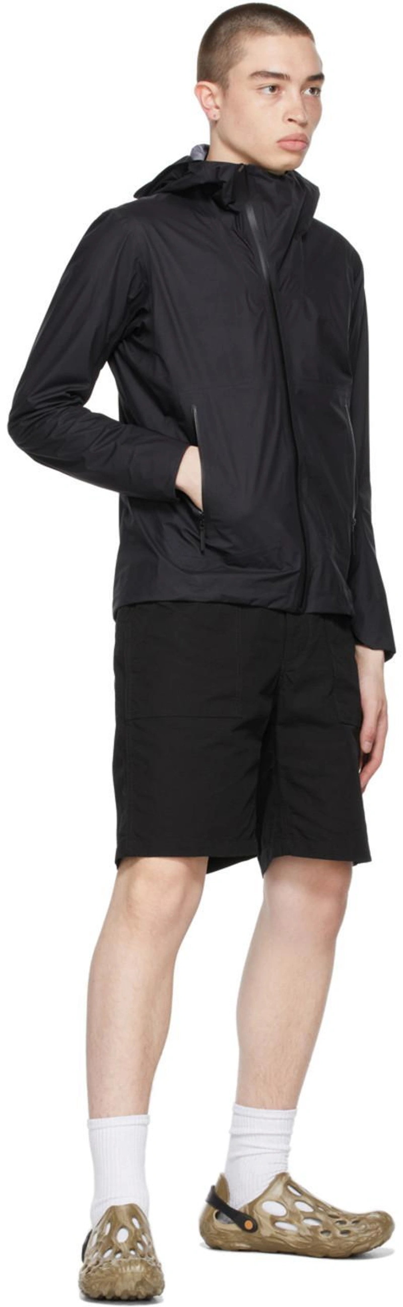 SSENSE's Post | Wearing: Y-3 White Classic Logo Long Sleeve T-shirt; Engineered Garments Black Ripstop Fatigue Shorts In Ct056 Black; Veilance Deploy Lt Gore-tex C-knit(tm) Waterproof Hooded Jacket In Black