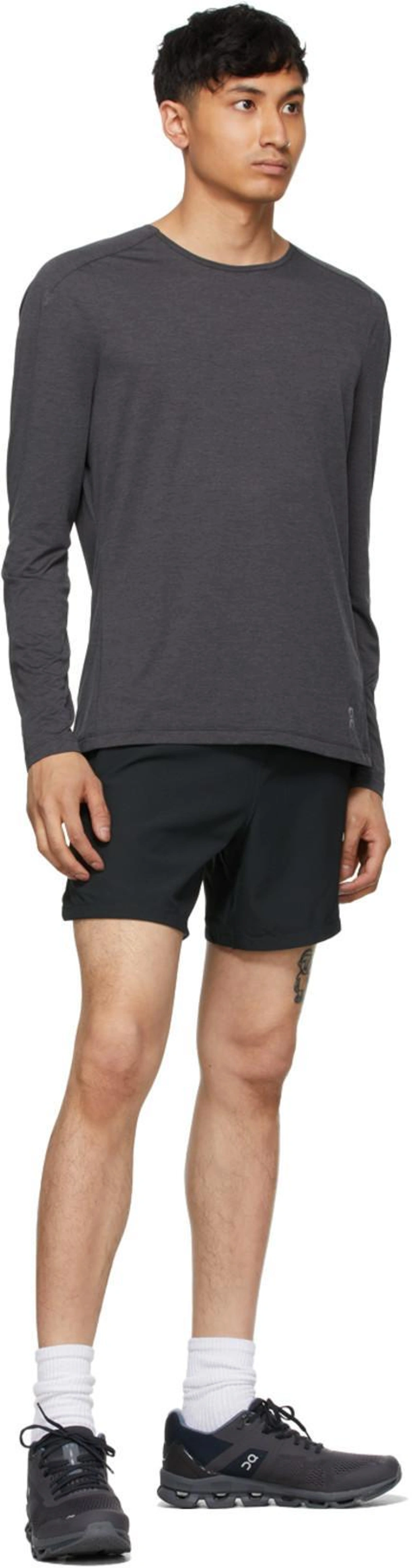 SSENSE's Post | Wearing: On Grey Performance Lg Sleeve T-shirt In Black; Nike Black Pro Logo Shorts In Black/iron Grey; On Black Cloudace Sneakers