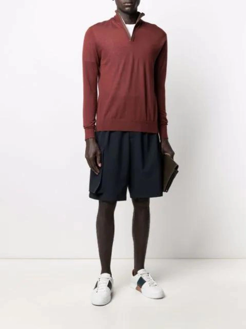 Farfetch's Post | Wearing: Comme Des Garçons Shirt White Cotton Forever T-shirt; N•peal The Regent Zip Jumper In Brown; Joseph Techno Wool Shorts In Blue
