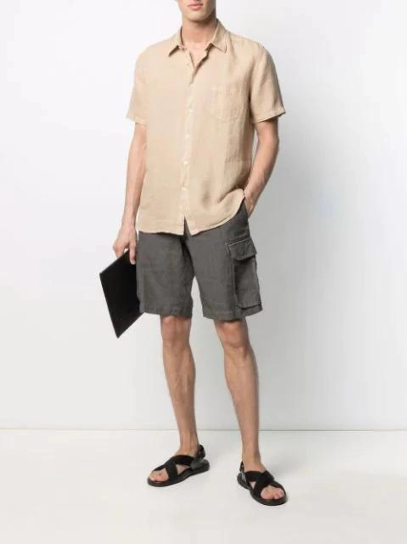 Farfetch's Post | Wearing: 120% Lino Plain Button-down Shirt In Beige; 120% Lino Knee-length Cargo Shorts In Grey; Off-white Clutch Mit Diagonalen Streifen In Black