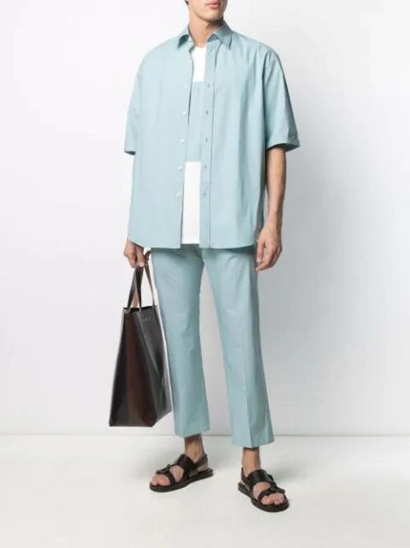 Farfetch's Post | Wearing: Costumein Colour-block Print T-shirt In White; Costumein Slim-cut Tailored Trousers In Blue; Costumein Plain Button-down Shirt In Blue