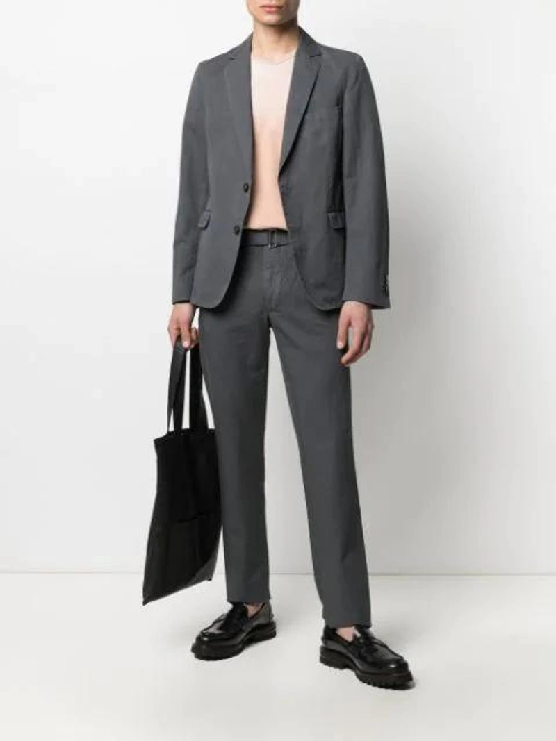 Farfetch's Post | Wearing: Officine Generale Belted-waist Trousers In Grey; Officine Generale Fitted Single-breasted Blazer In Grey; Les Tien Chest Pocket Cotton T-shirt In Pink