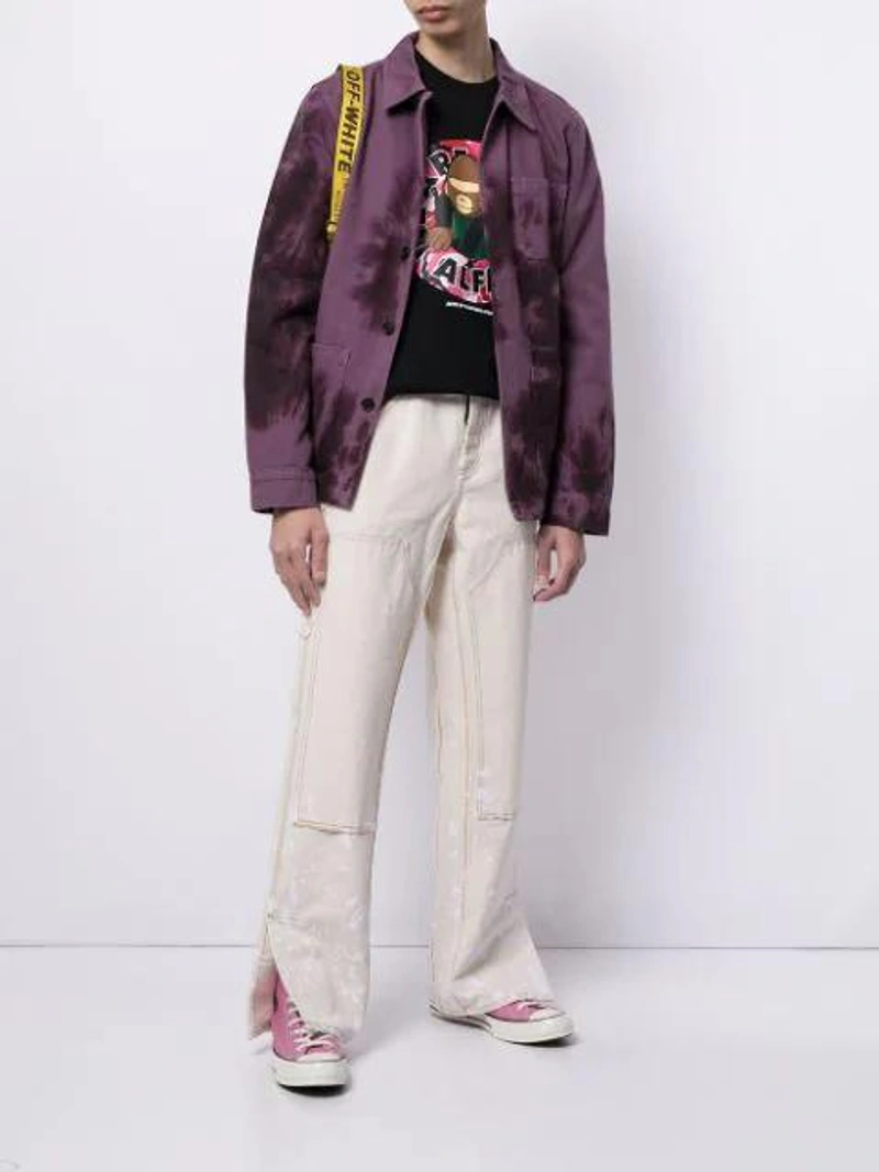 Farfetch's Post | Wearing: Aape By A Bathing Ape Black 'we Are Aaper Alfa' T-shirt In Bkx Black; Nudie Jeans Purple Tie-dye Barney Jacket In Violett; Palm Angels Tokyo Spray Logo Print Cotton Face Mask In Black