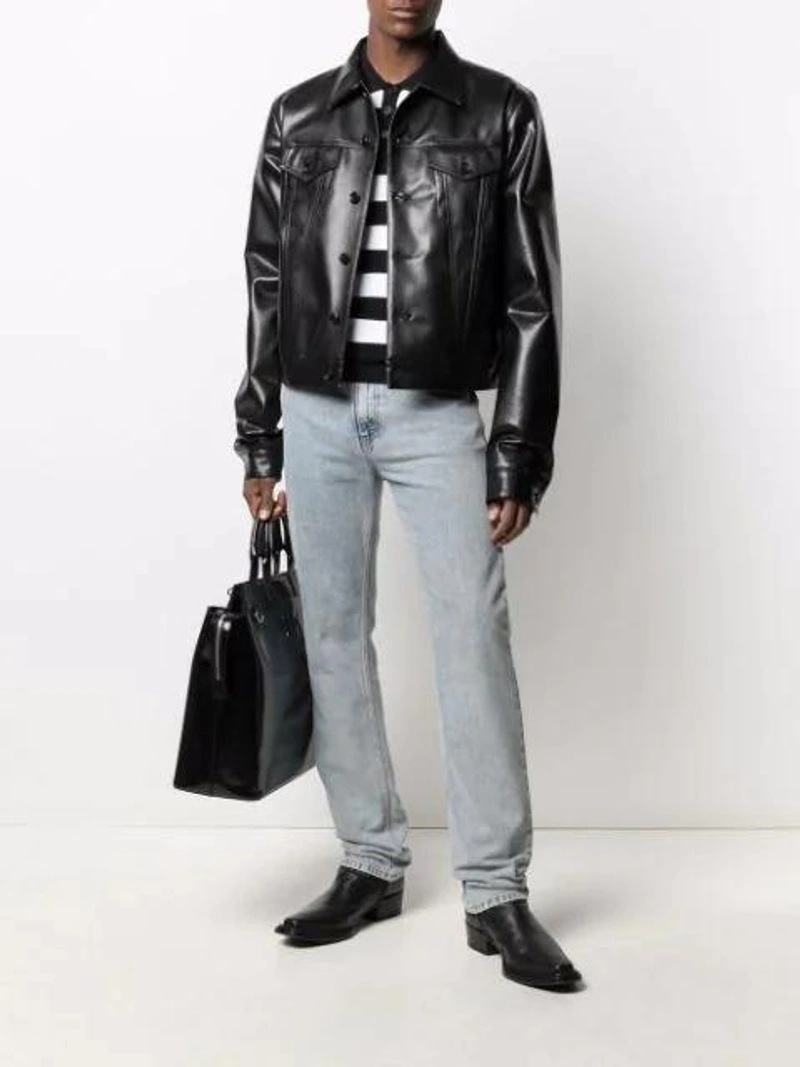 Farfetch's Post | Wearing: Dsquared2 Striped-print Polo Shirt In Black; Gucci Regular Fit Stone-bleached Jeans In Blue; Marni Black Faux-leather Trucker Jacket
