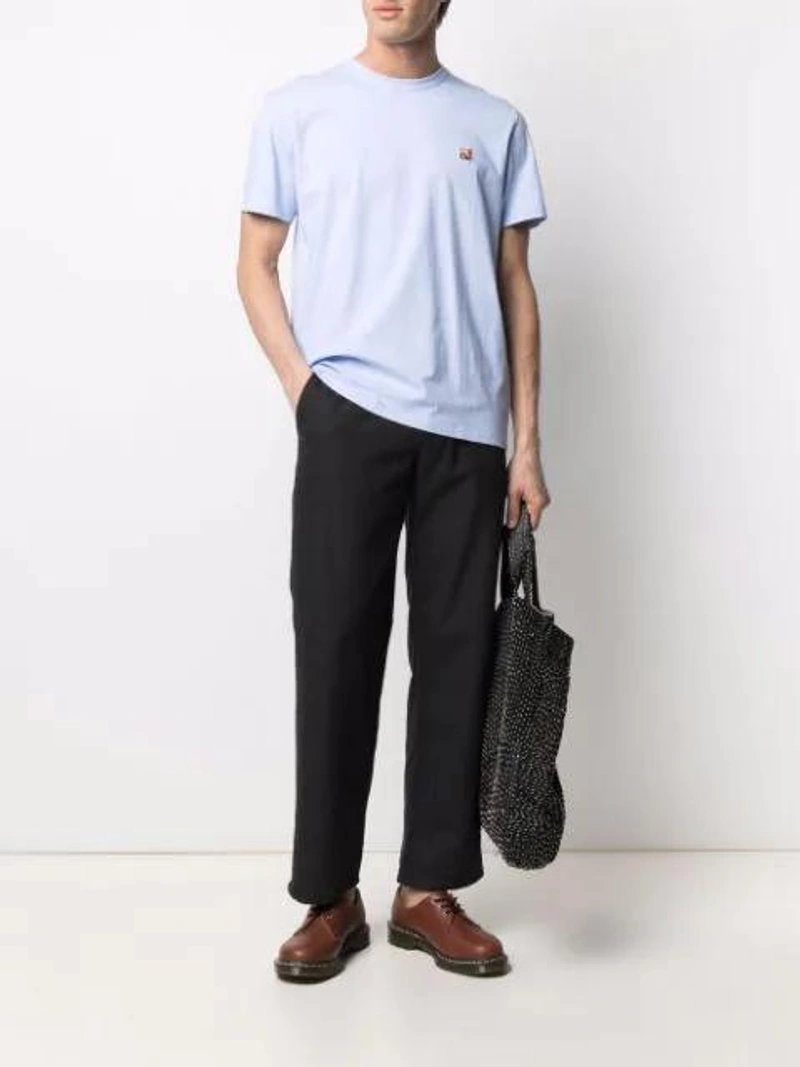 Farfetch's Post | Wearing: All Blues Sterling Silver Single Hoop Earring; Maison Kitsuné Logo-embroidered Cotton T-shirt In Blue; 78 Stitches Panelled Wide Leg Chino Trousers In Black