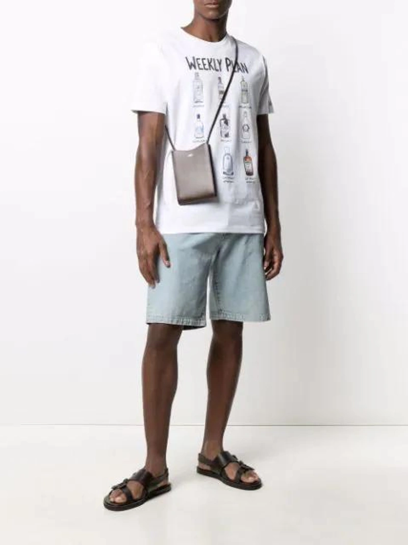 Farfetch's Post | Wearing: Mc2 Saint Barth Graphic-print Short-sleeve T-shirt In White; Wardrobe.nyc X Levi's Release 04 Denim Shorts In Blue; Apc Logo-print Leather Messenger Bag In Brown
