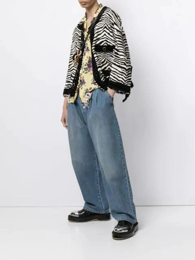 Farfetch's Post | Wearing: Cool Tm Zebra Print Collarless Jacket In Black; Cool Tm Toy-embellished Loose Jeans In Blue; Cool Tm Floral Print Shirt In Yellow